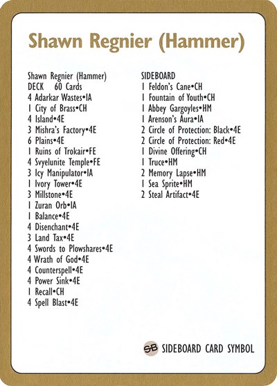 1996 Shawn "Hammer" Regnier Decklist Card