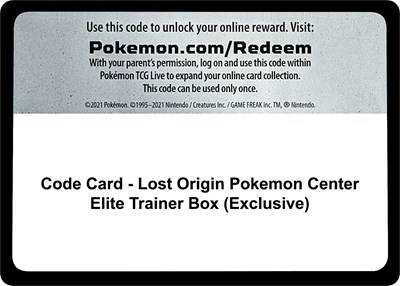 Code Card - Lost Origin Pokemon Center Elite Trainer Box (Exclusive)