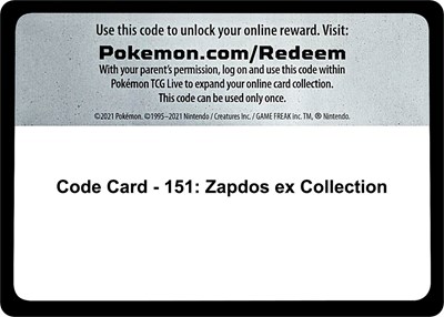 Code Card - 151: Zapdos ex Collection