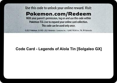 Code Card - Legends of Alola Tin [Solgaleo GX]